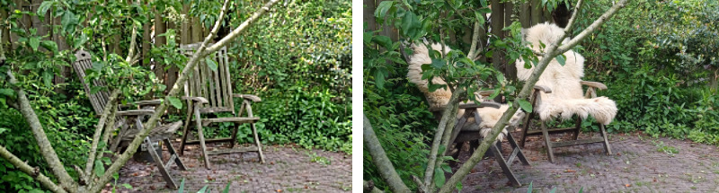 schapenvacht buiten in tuinstoelen