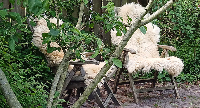 Schapenvacht in tuinstoel buiten